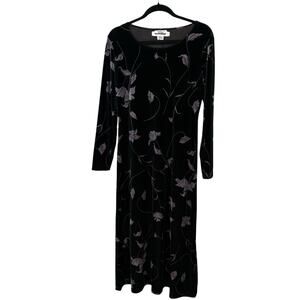 Vtg 90s Talbots Velvet Maxi Dress Floral Whimsigoth Dark Romantic Black USA Sz L